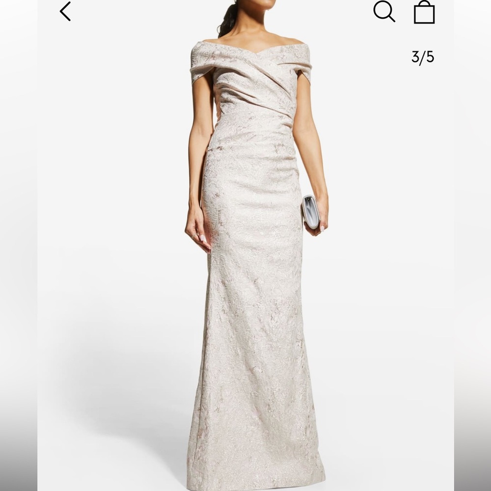 Rickie Freeman for Teri Jon Off-White Embroidered Off-the-Shoulder Gown